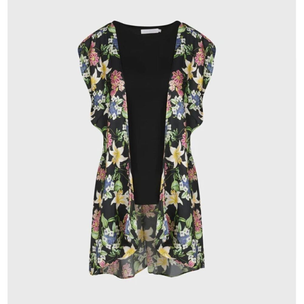Anne Fontaine Verone Blouse Sleeveless black top tropical overlay print size 10